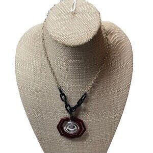 Red Tortoise Octagon Plastic Pendant Black Chunky Chain Silver Tone Necklace